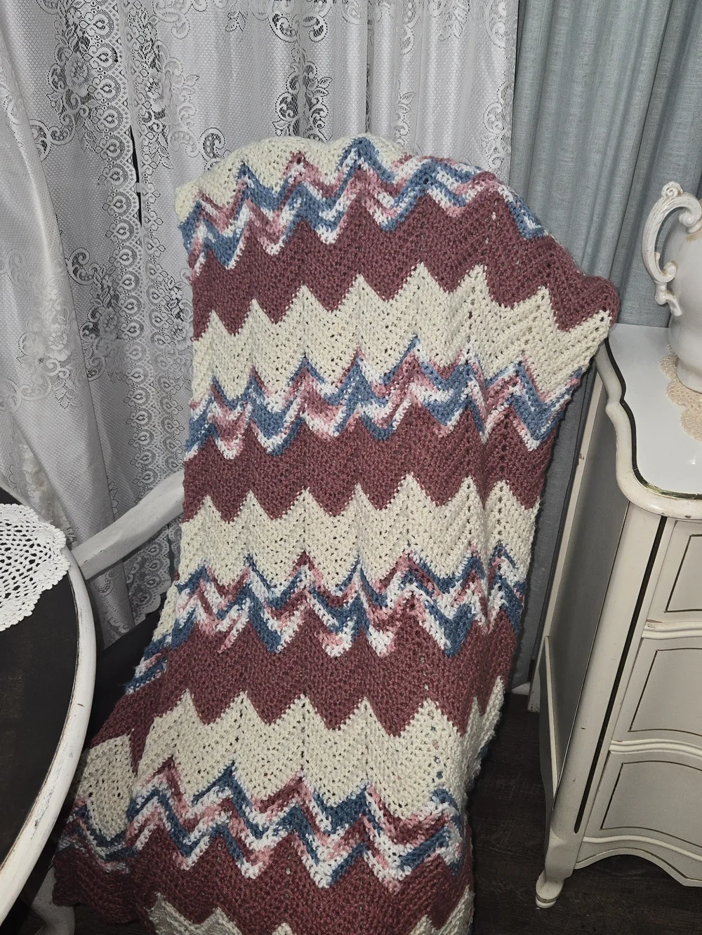 Handmade Chevron Knit Throw Blanket - Cream, Mauve & Blue